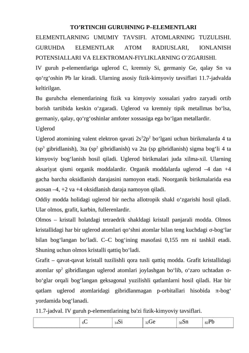 TO’RTINCHI GURUHNING P–ELEMENTLARI
