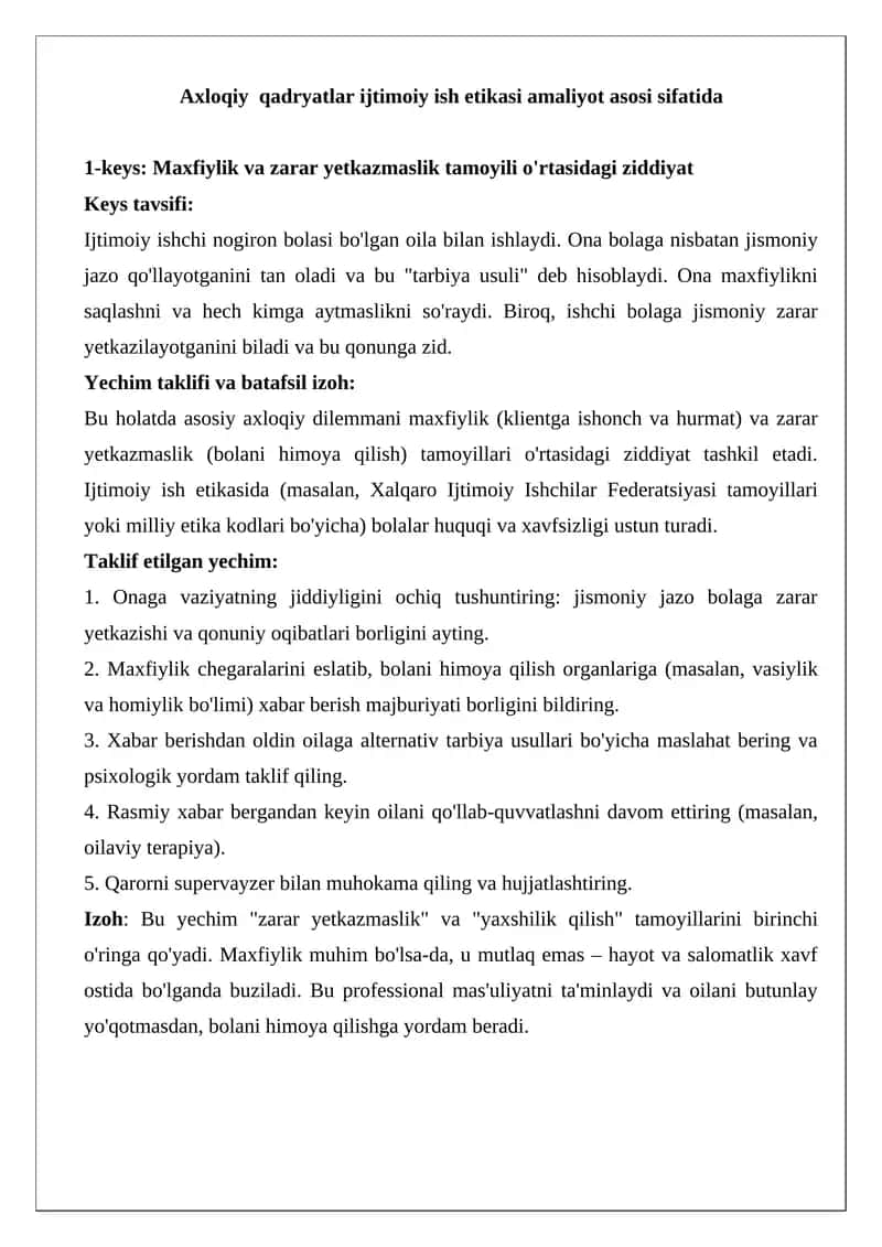 Axloqiy qadryatlar ijtimoiy ish etikasi amaliyot asosi sifatida