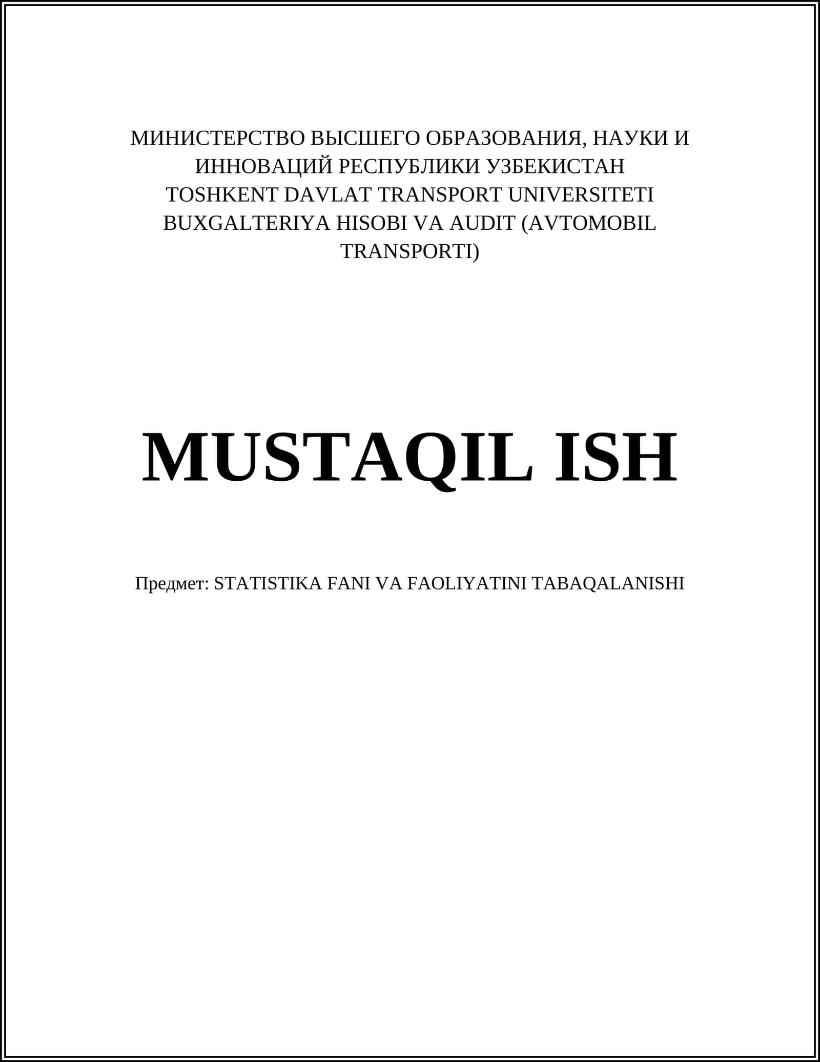 STATISTIKA FANI VA FAOLIYATINI TABAQALANISHI