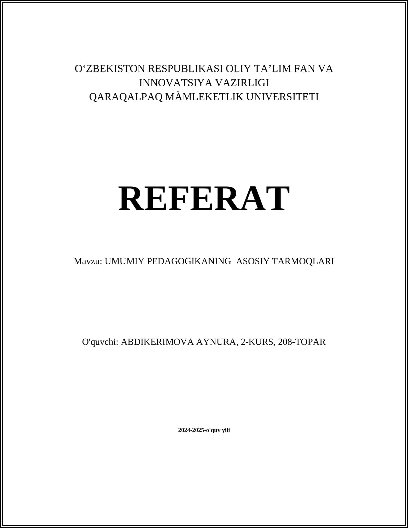 UMUMIY PEDAGOGIKANING ASOSIY TARMOQLARI