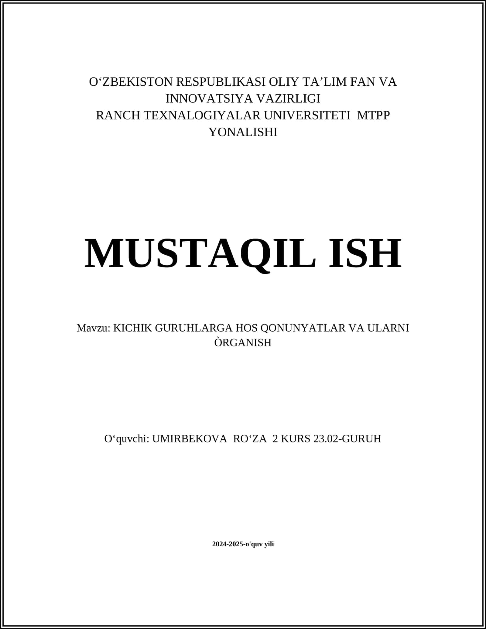 Kichik guruhlarga hos qonunyatlar va ularni o'rganish