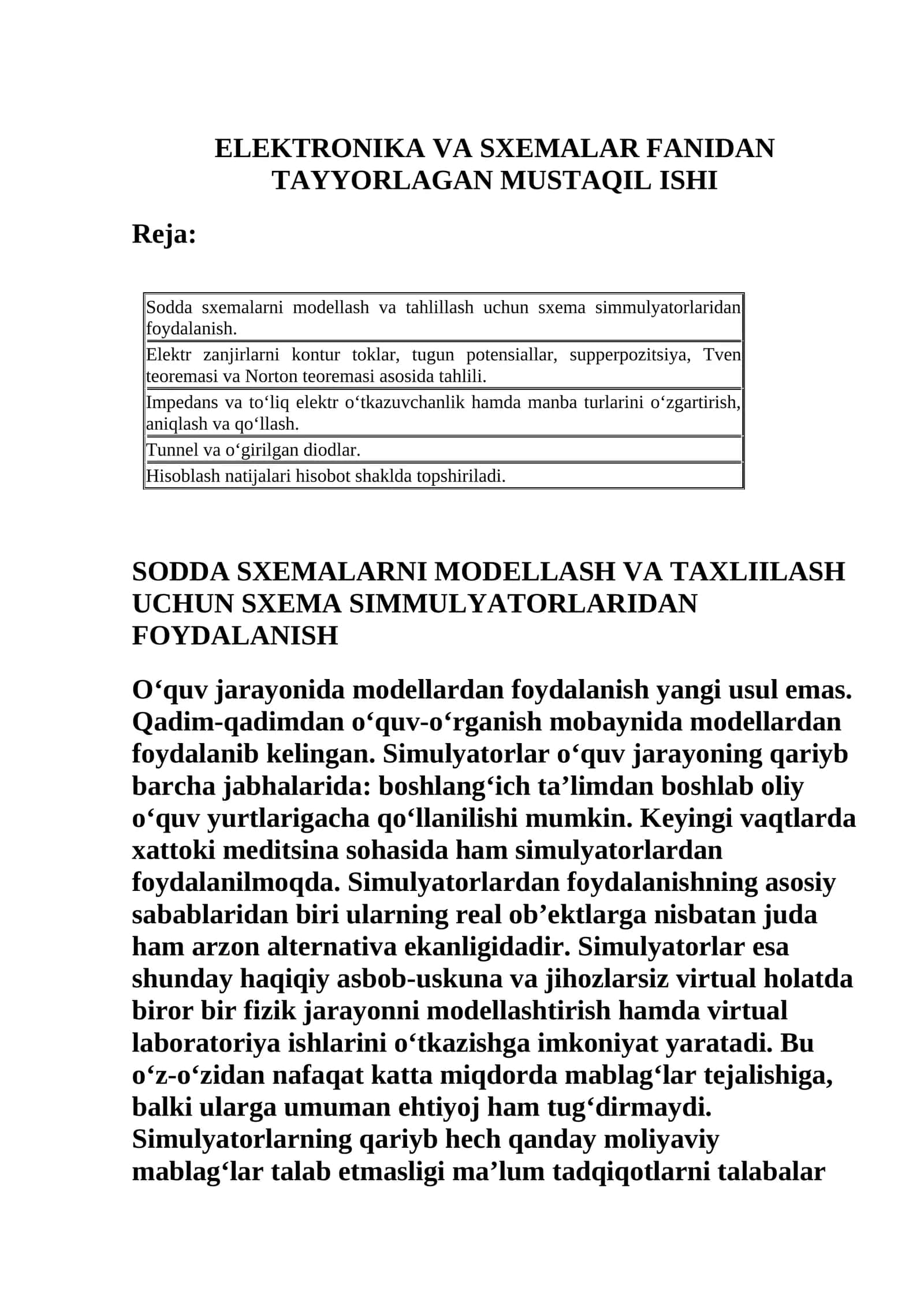 ELEKTRONIKA VA SXEMALAR FANIDAN TAYYORLAGAN MUSTAQIL ISHI