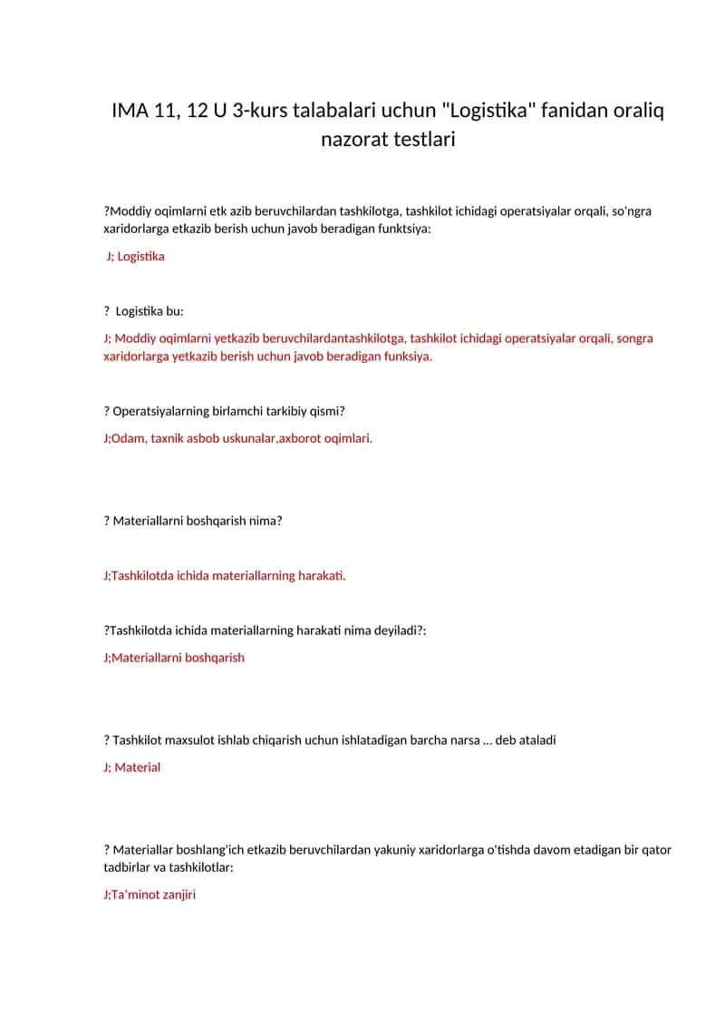 Logistika fanidan oraliq nazorat testlari