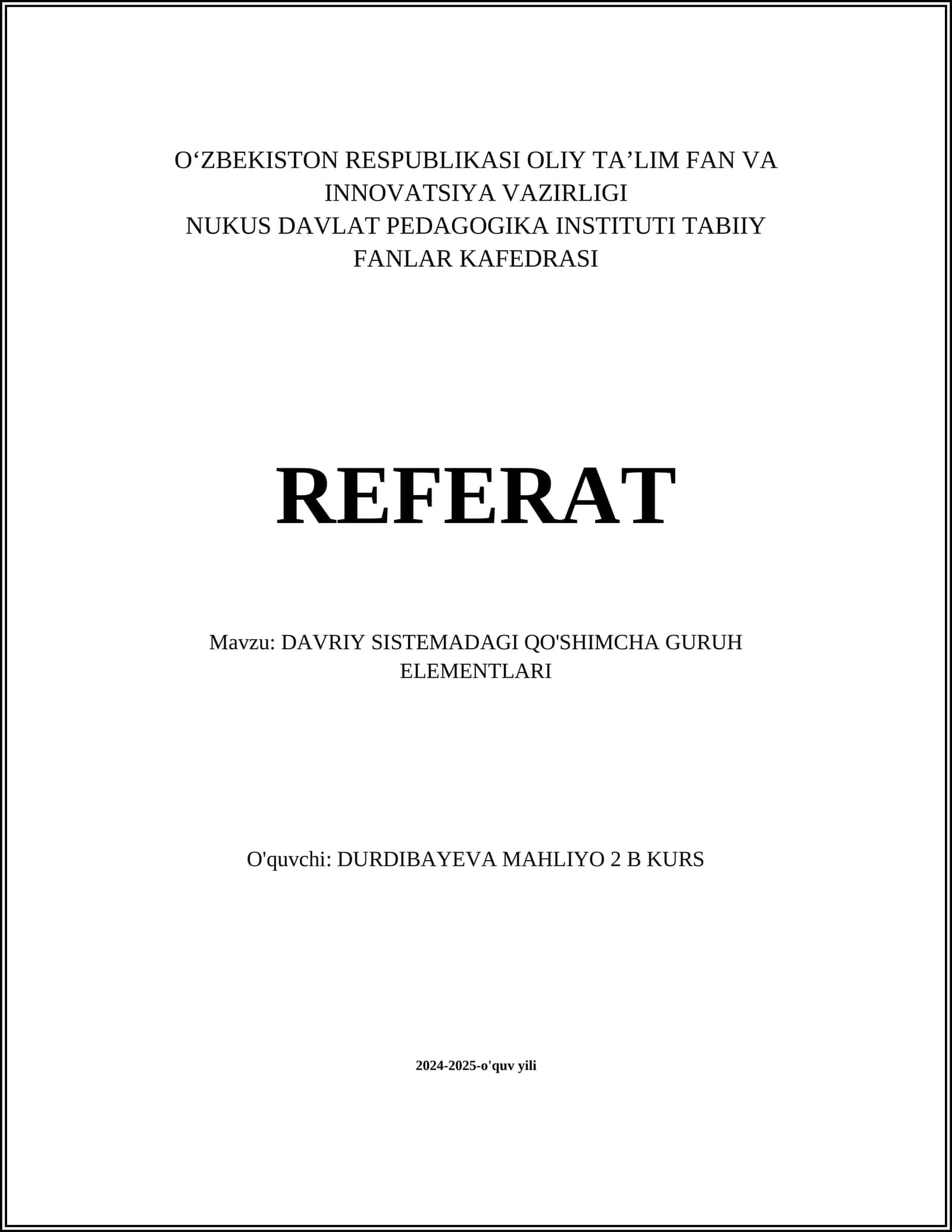 DAVRIY SISTEMADAGI QO'SHIMCHA GURUH ELEMENTLARI