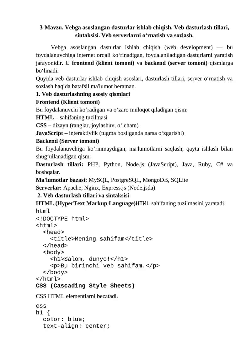 Vebga asoslangan dasturlar ishlab chiqish