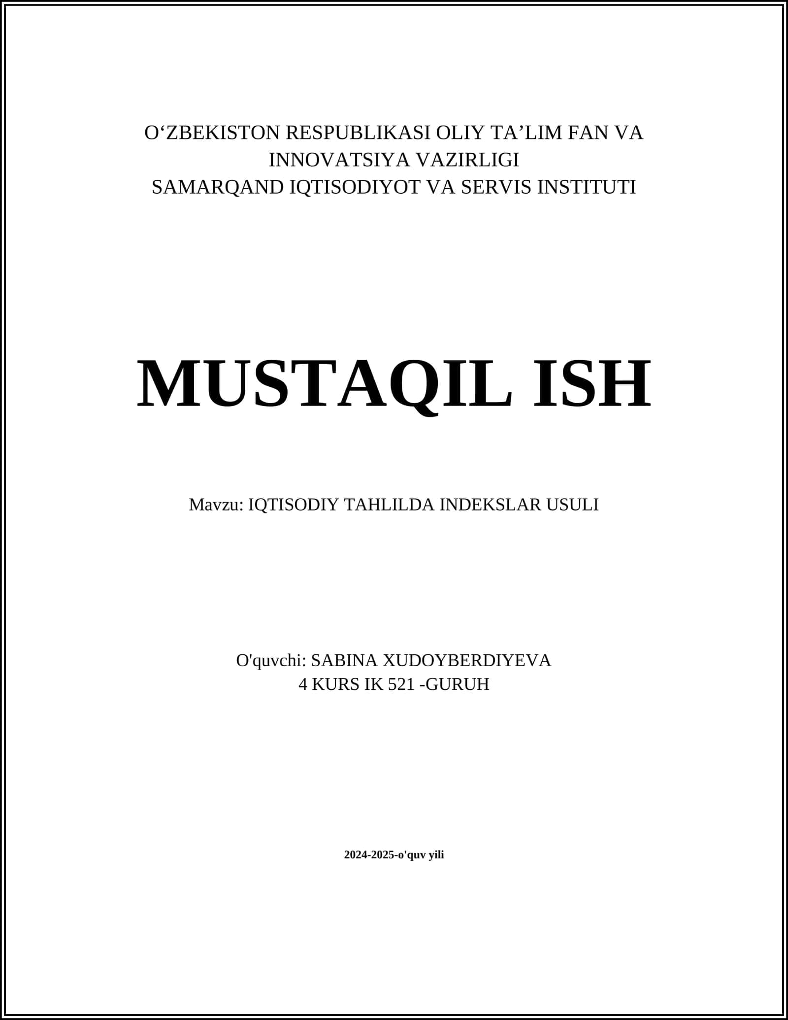 IQTISODIY TAHLILDA INDEKSLAR USULI