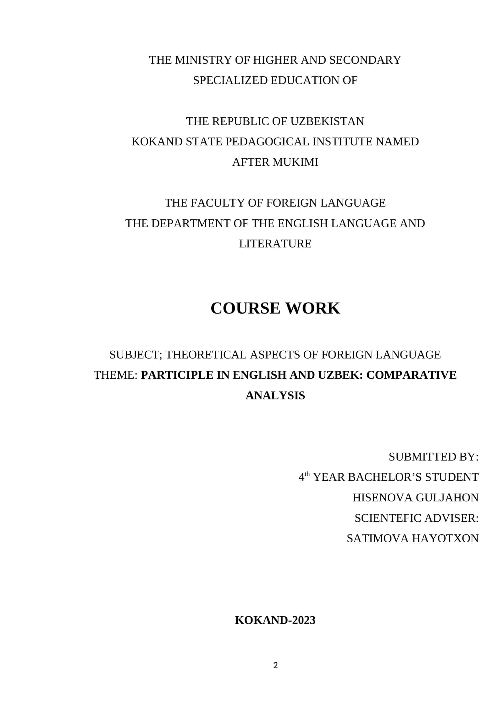 PARTICIPLE IN ENGLISH AND UZBEK: COMPARATIVE ANALYSIS