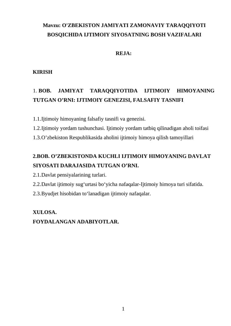 O'ZBEKISTON JAMIYATI ZAMONAVIY TARAQQIYOTI BOSQICHIDA IJTIMOIY SIYOSATNING BOSH VAZIFALARI