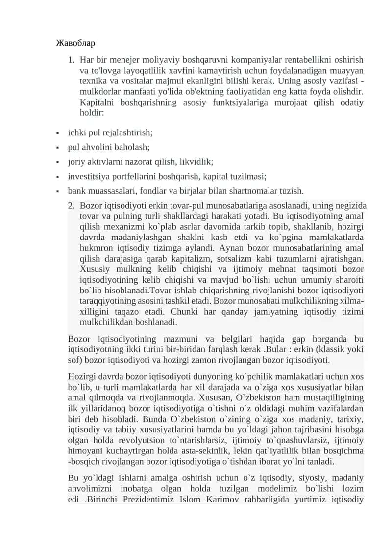 Moliyaviy boshqaruv va bozor iqtisodiyoti