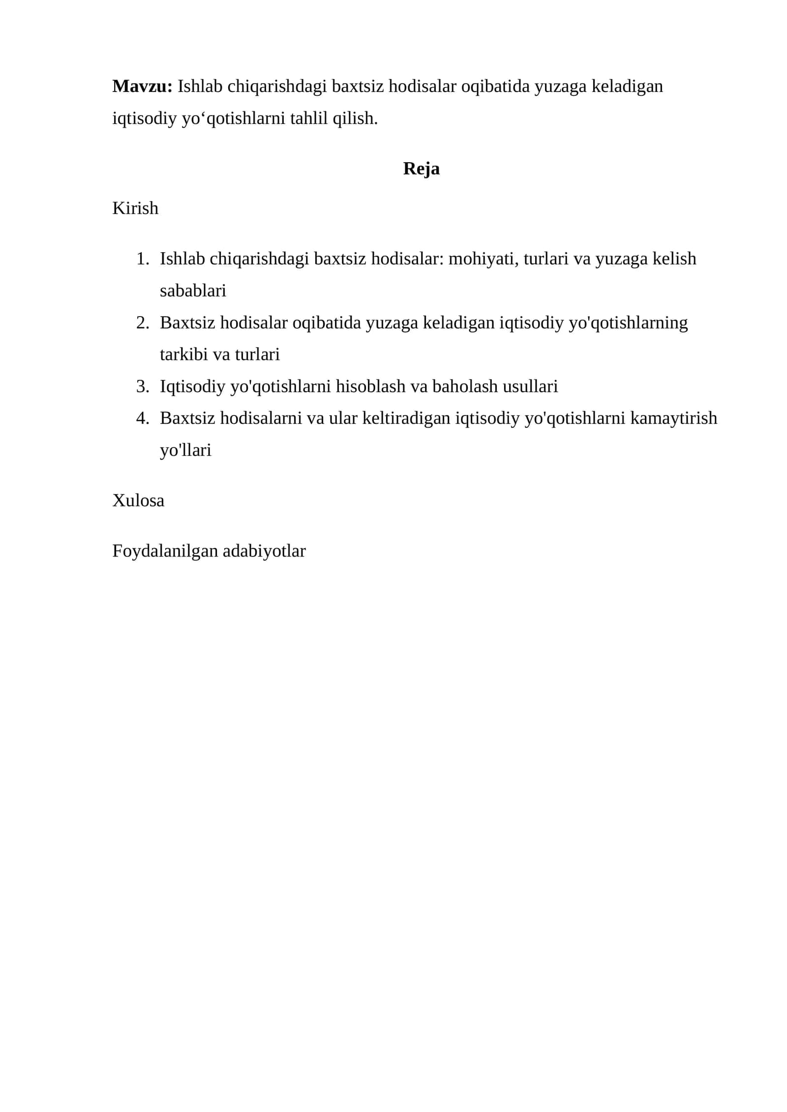 Ishlab chiqarishdagi baxtsiz hodisalar oqibatida yuzaga keladigan iqtisodiy yo‘qotishlarni tahlil qilish