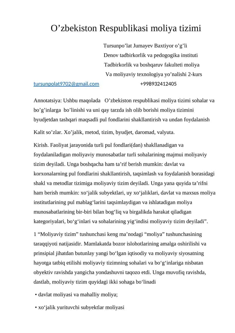 O’zbekiston Respublikasi moliya tizimi