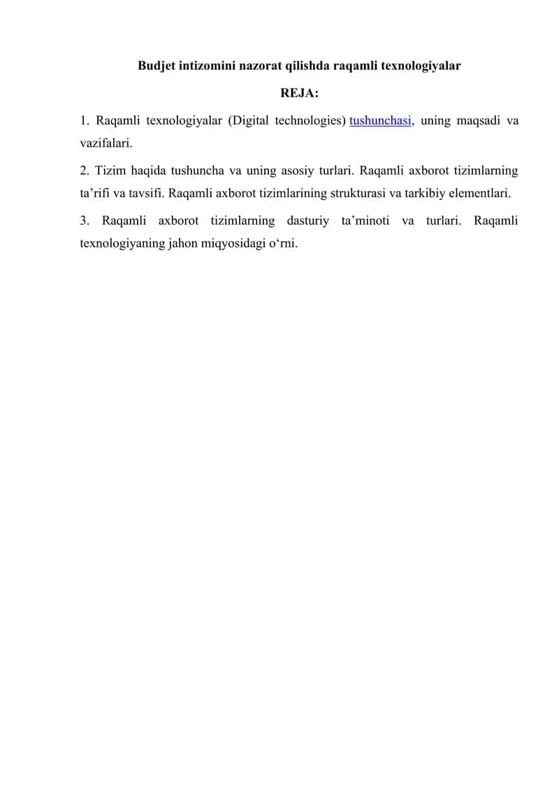 Budjet intizomini nazorat qilishda raqamli texnologiyalar