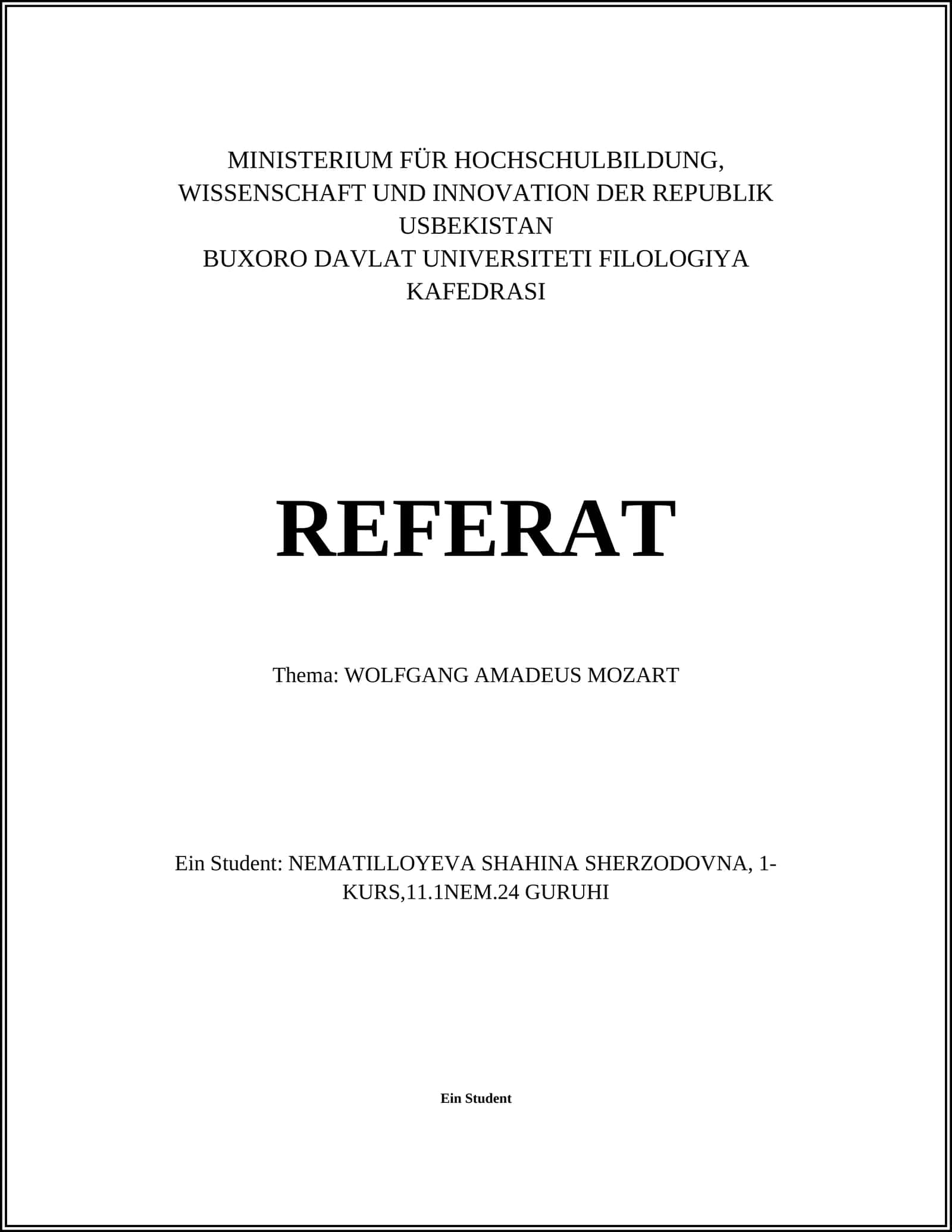 REFERAT Thema: WOLFGANG AMADEUS MOZART