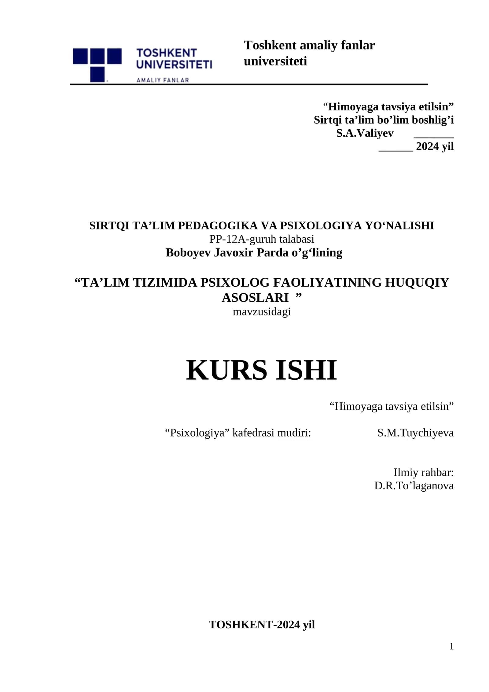TA'LIM TIZIMIDA PSIXOLOG FAOLIYATINING HUQUQIY ASOSLARI