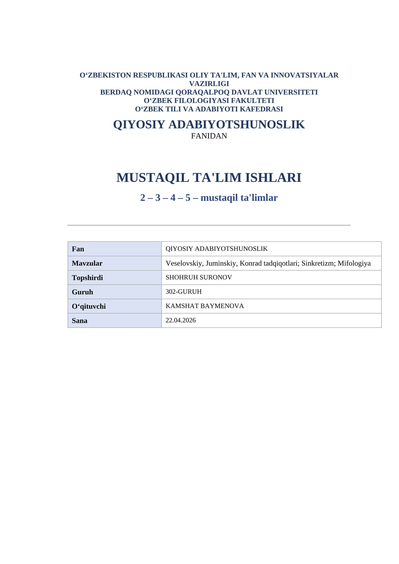 QIYOSIY ADABIYOTSHUNOSLIK