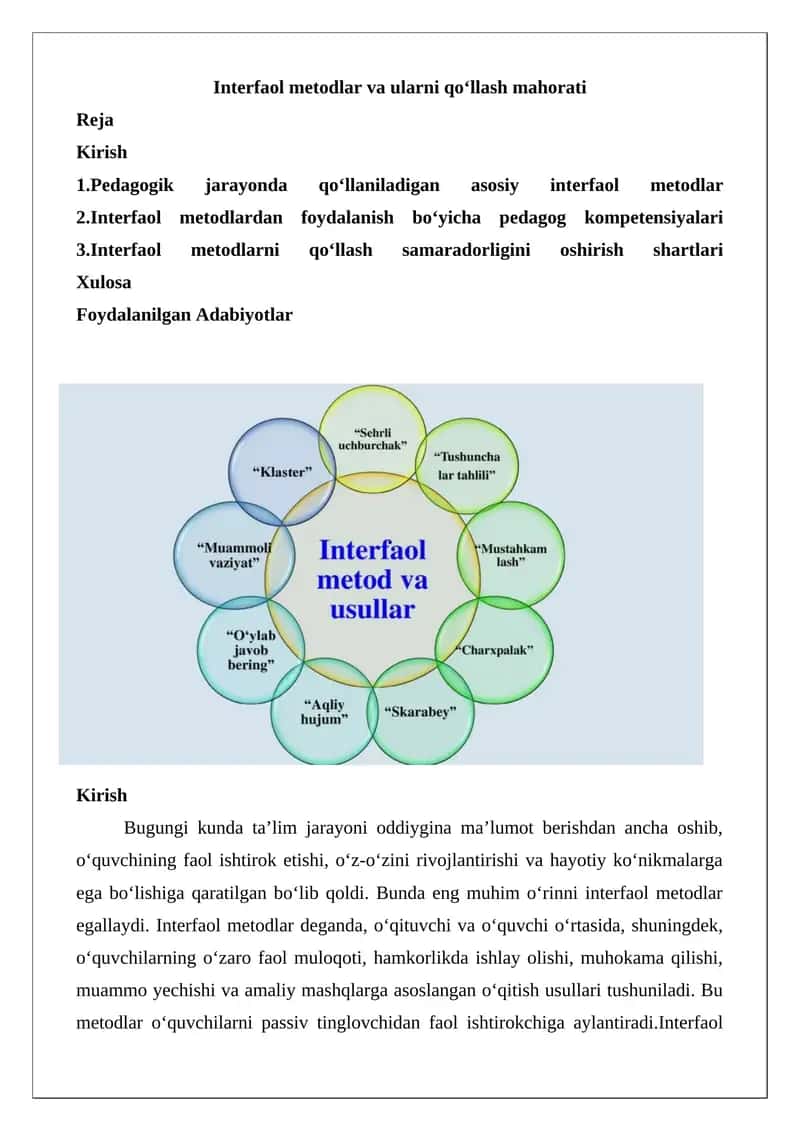 Interfaol metodlar va ularni qo‘llash mahorati