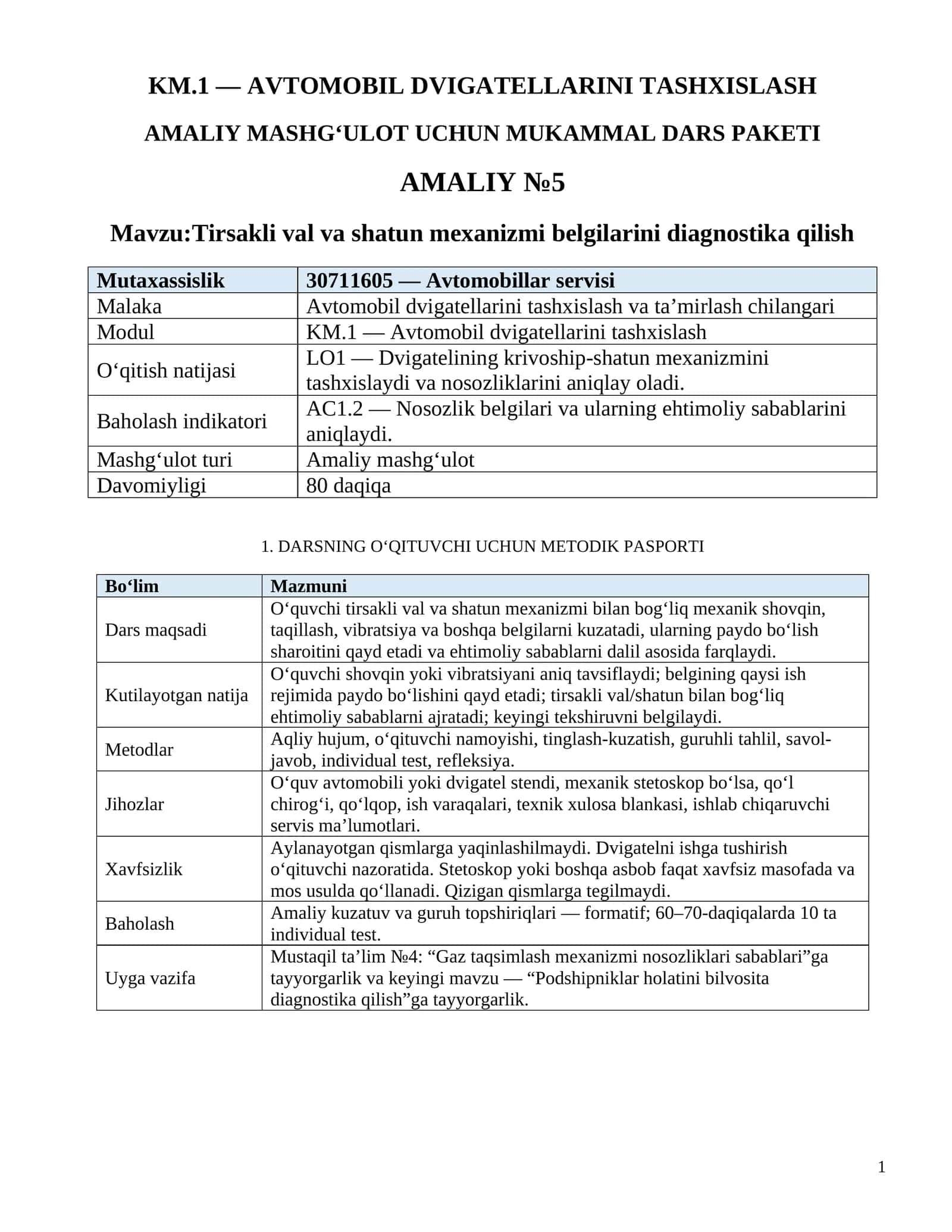 AVTOMOBIL DVIGATELLARINI TASHXISLASH AMALIY №5.Tirsakli_val_va_shatun_mexanizmi_belgilarini_diagnostika_qilish