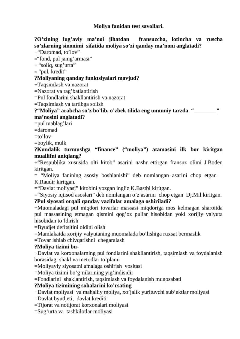 Moliya fanidan test savollari