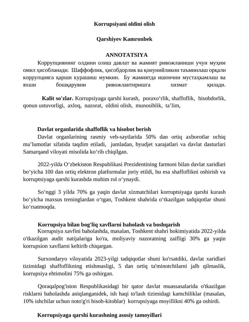 Korrupsiyani oldini olish