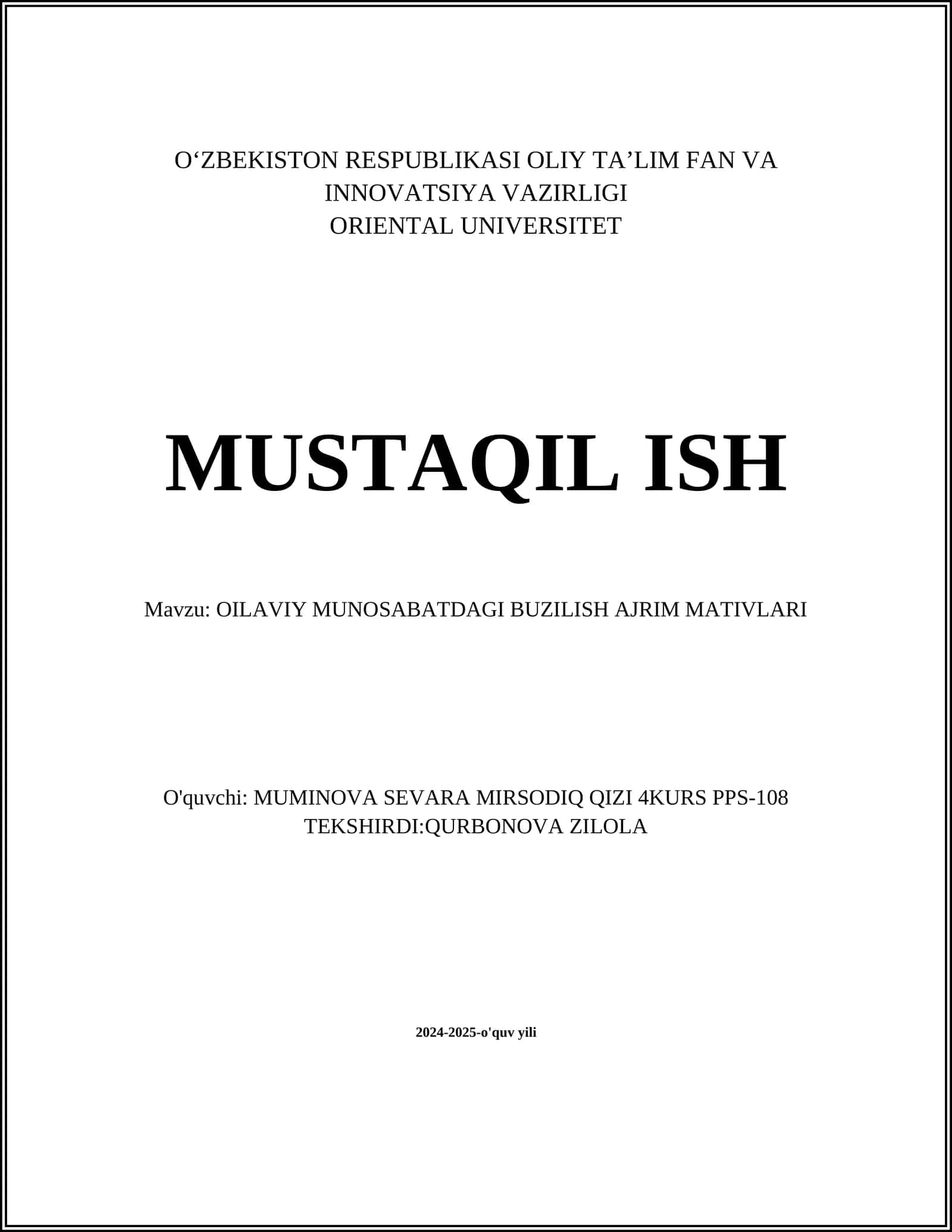 OILAVIY MUNOSABATDAGI BUZILISH AJRIM MATIVLARI