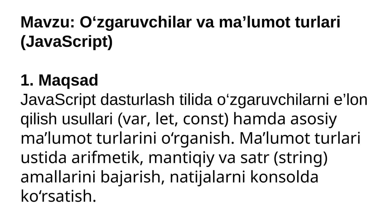 O‘zgaruvchilar va ma’lumot turlari (JavaScript)