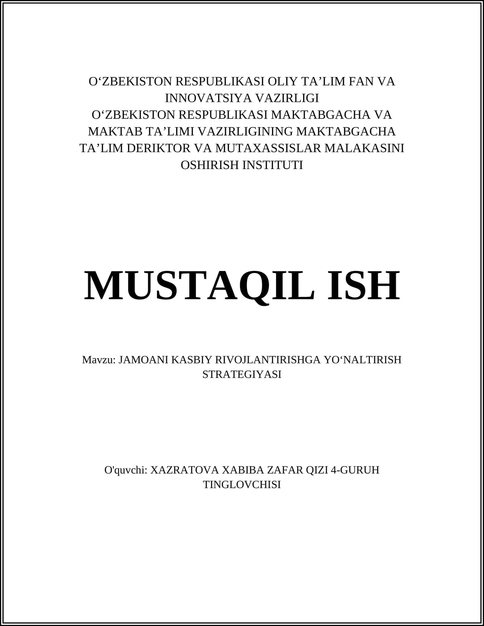 JAMOANI KASBIY RIVOJLANTIRISHGA YOʻNALTIRISH STRATEGIYASI