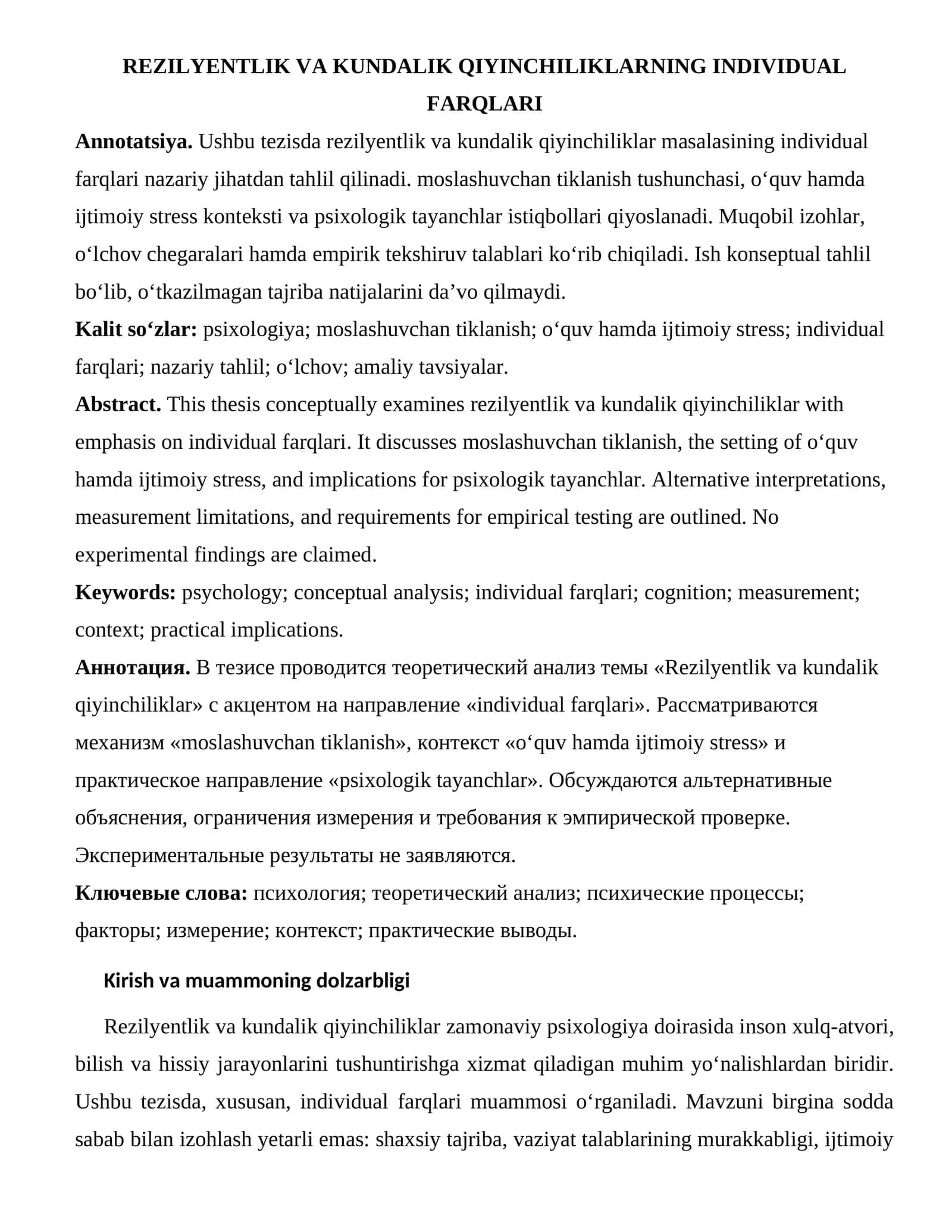 REZILYENTLIK VA KUNDALIK QIYINCHILIKLARNING INDIVIDUAL FARQLARI