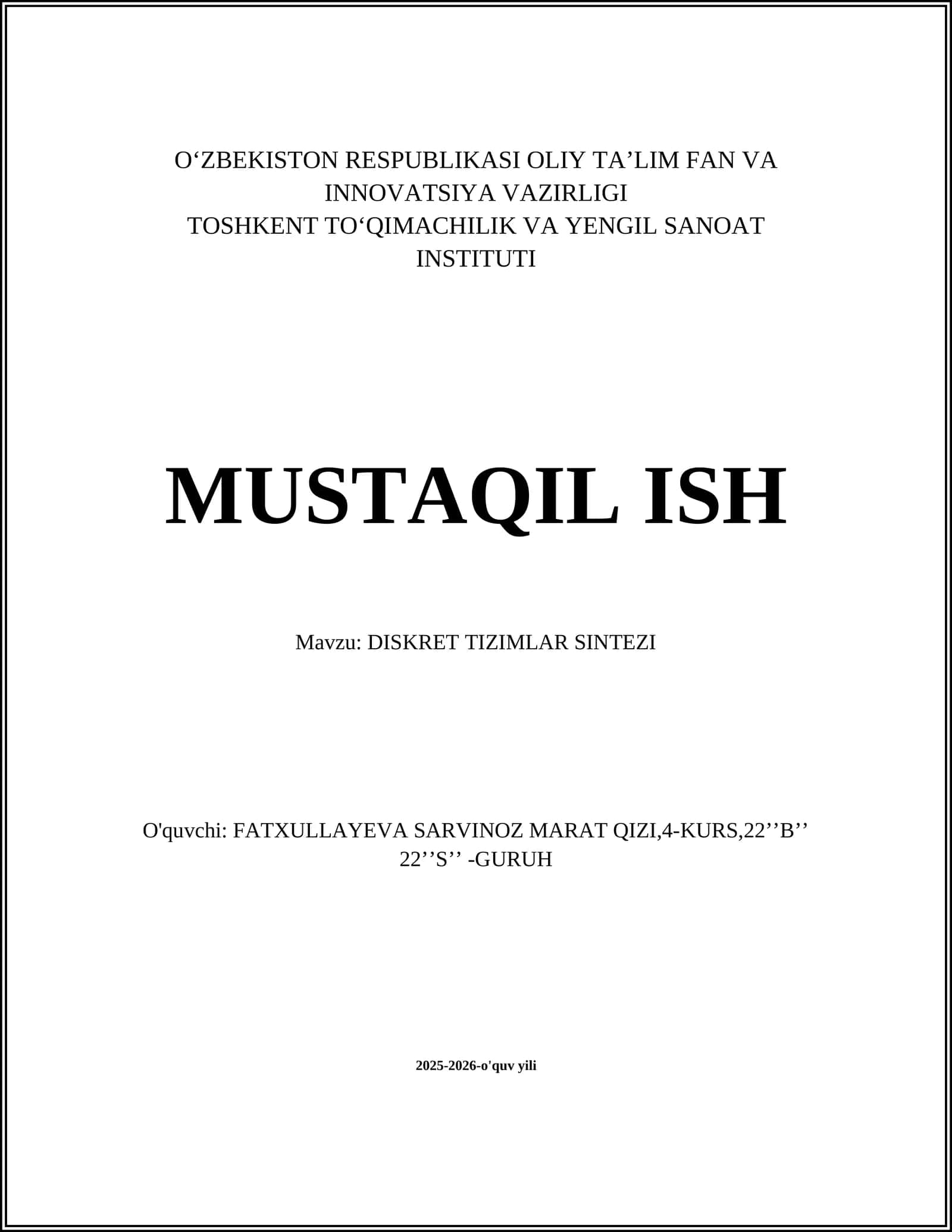 DISKRET TIZIMLAR SINTEZI
