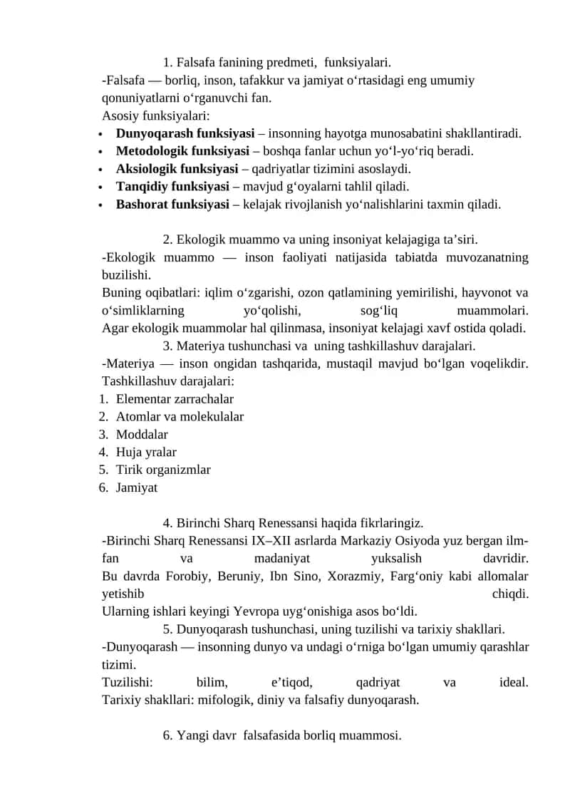 Falsafa fanining predmeti, funksiyalari