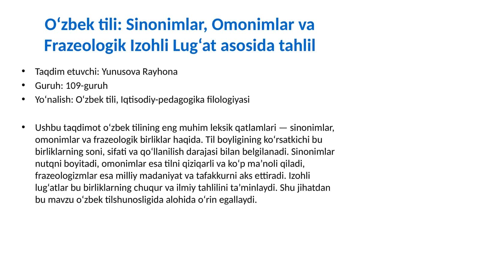 O‘zbek tili: Sinonimlar, Omonimlar va Frazeologik Izohli Lug‘at asosida tahlil