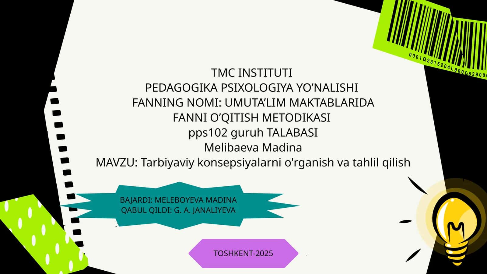 UMUTA’LIM MAKTABLARIDA FANNI O’QITISH METODIKASI