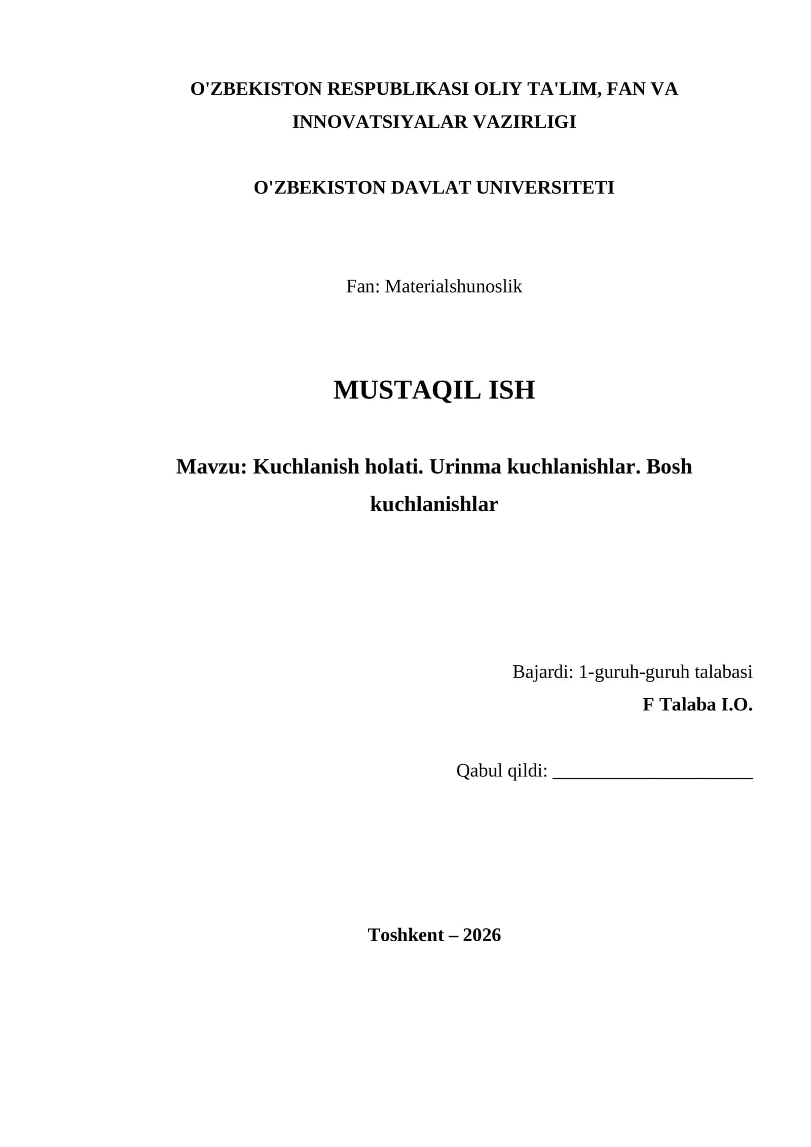 Kuchlanish holati. Urinma kuchlanishlar. Bosh kuchlanishlar