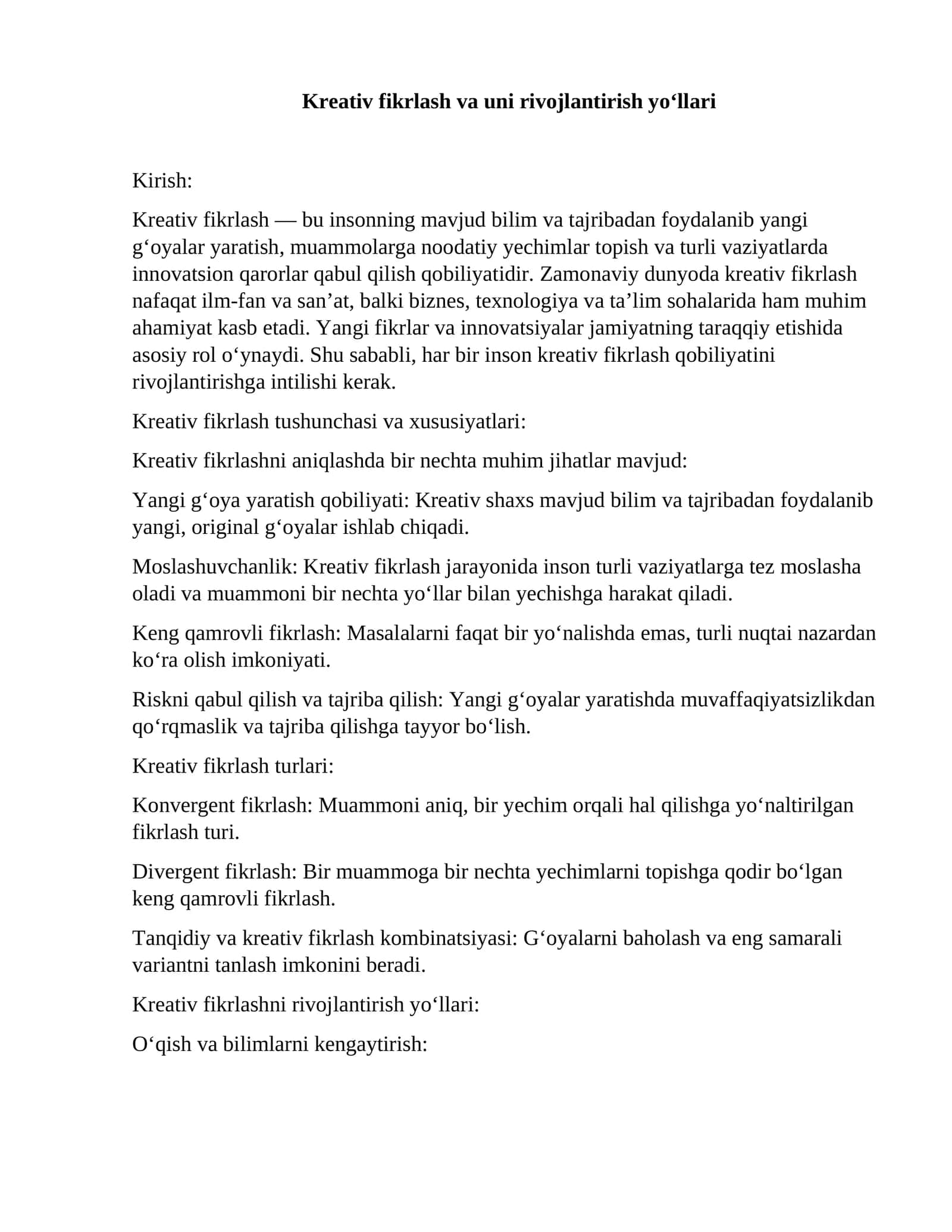 Kreativ fikrlash va uni rivojlantirish yo‘llari