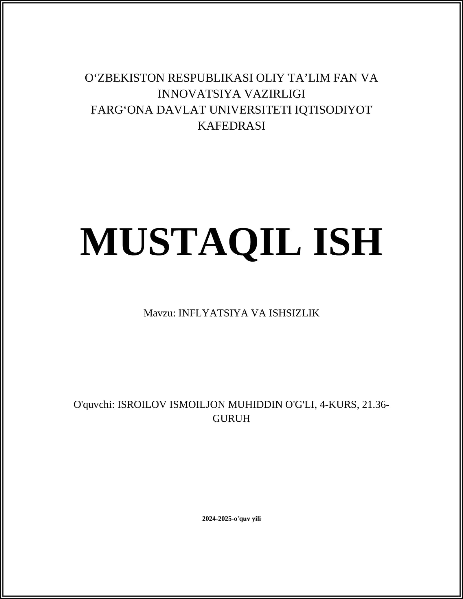 INFLYATSIYA VA ISHSIZLIK