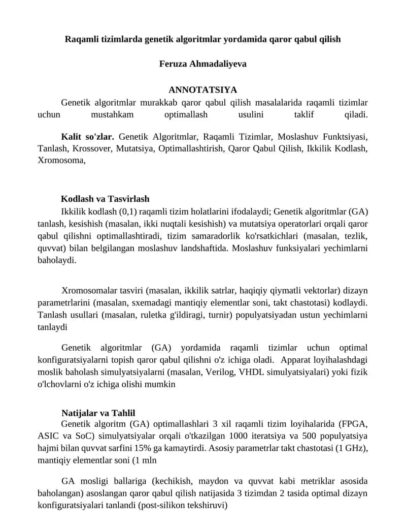 Raqamli tizimlarda genetik algoritmlar yordamida qaror qabul qilish