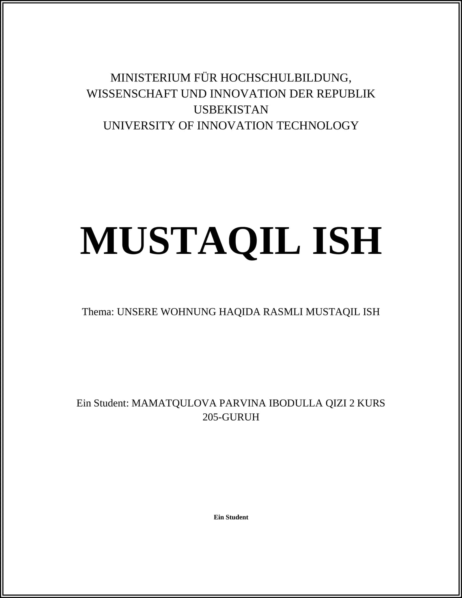 UNSERE WOHNUNG HAQIDA RASMLI MUSTAQIL ISH