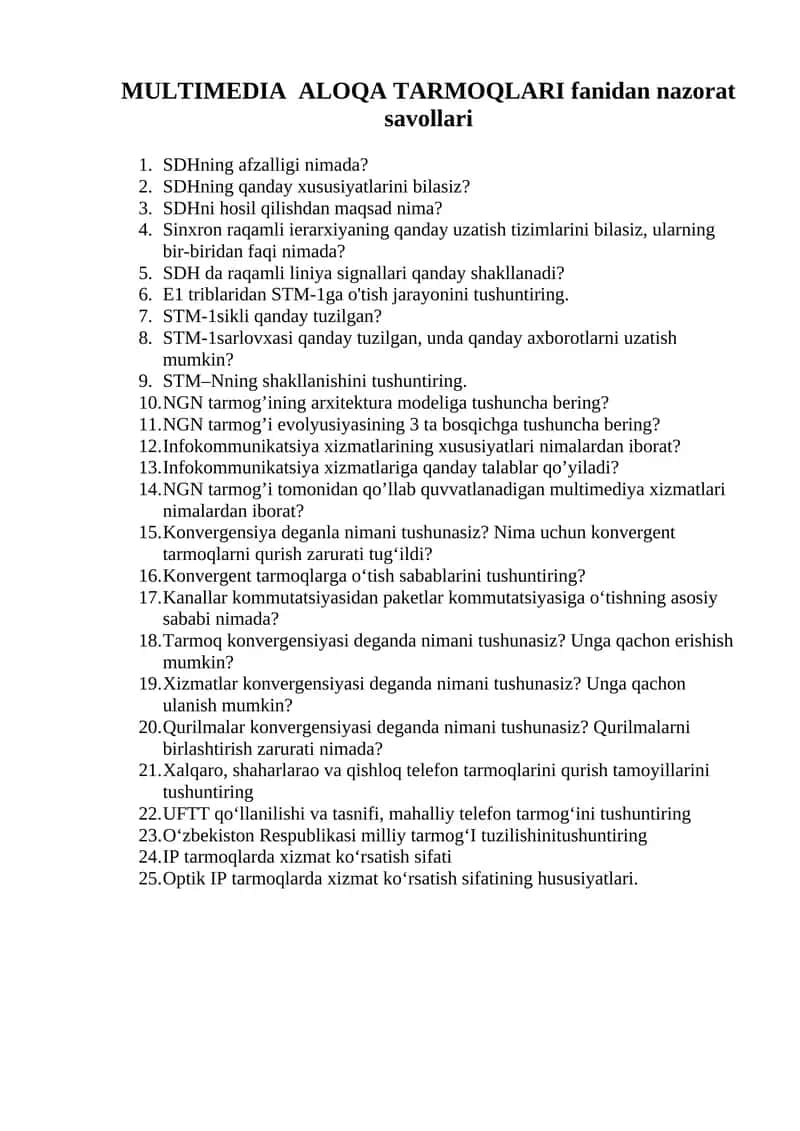 MULTIMEDIA ALOQA TARMOQLARI fanidan nazorat savollari