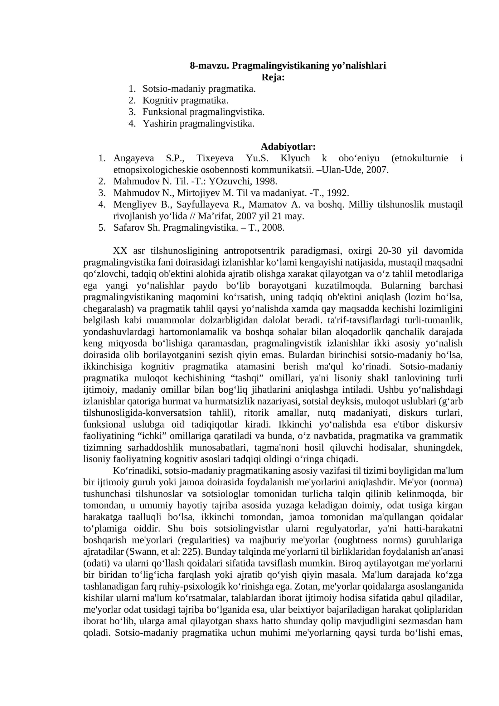 Pragmalingvistikaning yo’nalishlari