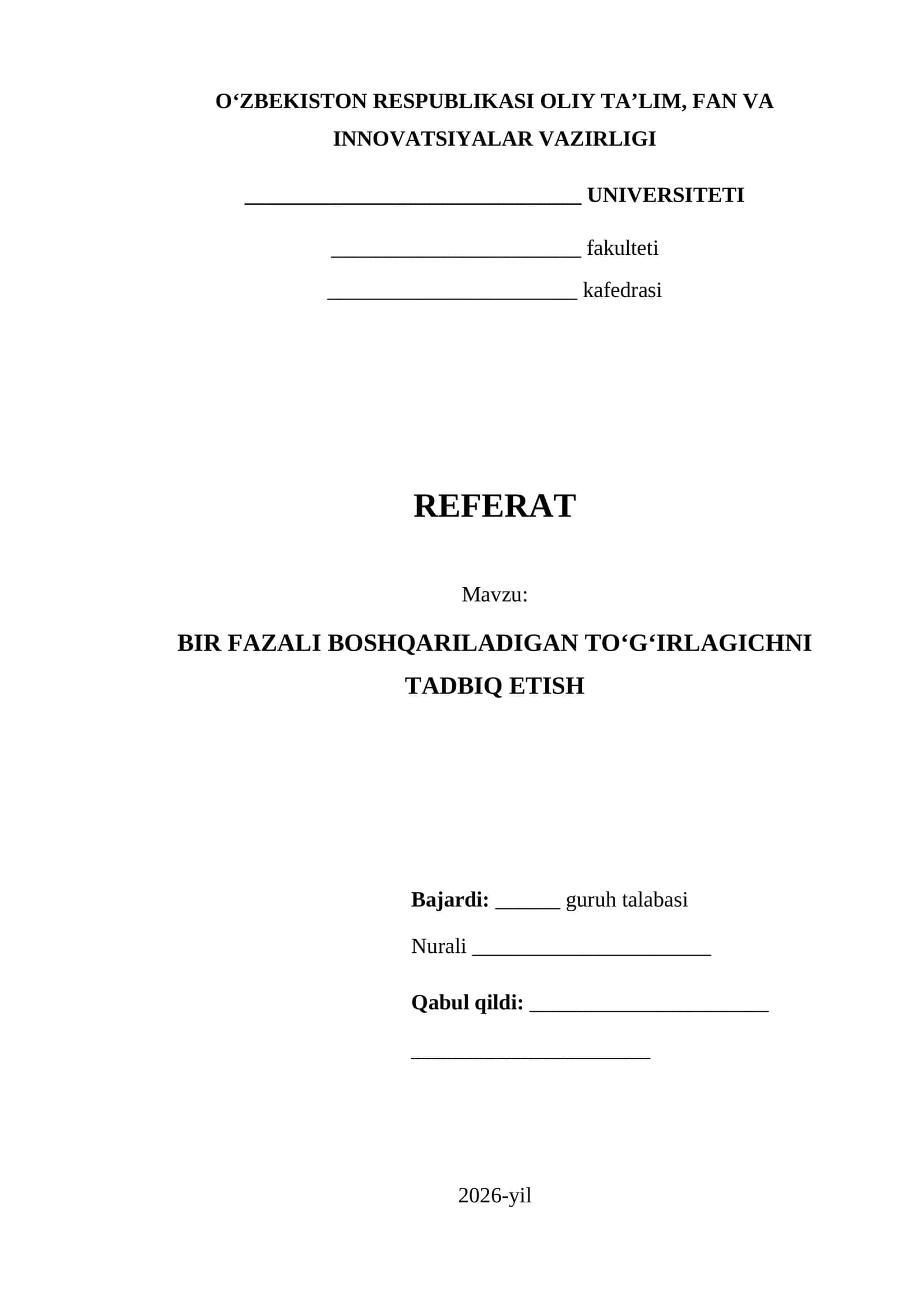 BIR FAZALI BOSHQARILADIGAN TO‘G‘IRLAGICHNI TADBIQ ETISH