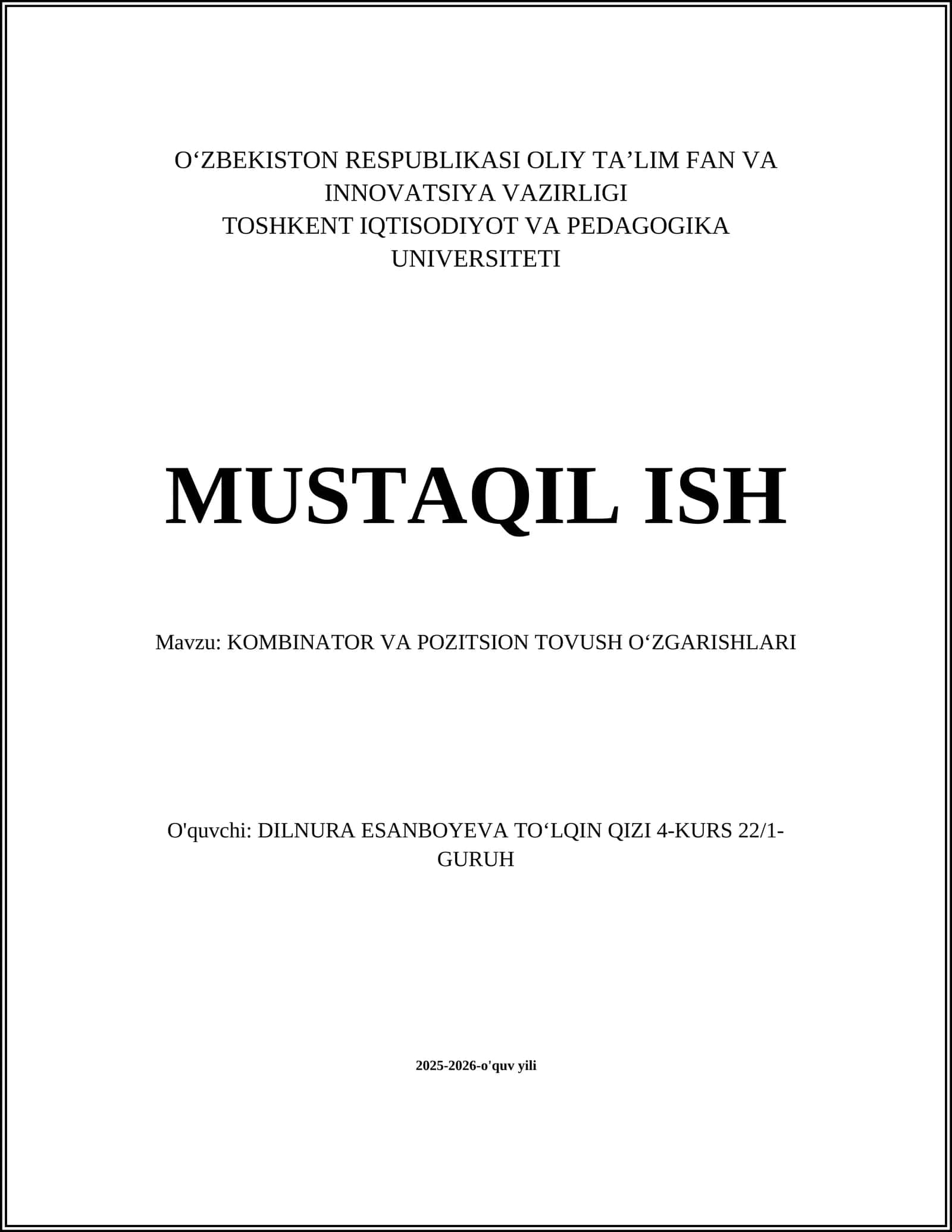 KOMBINATOR VA POZITSION TOVUSH OʻZGARISHLARI