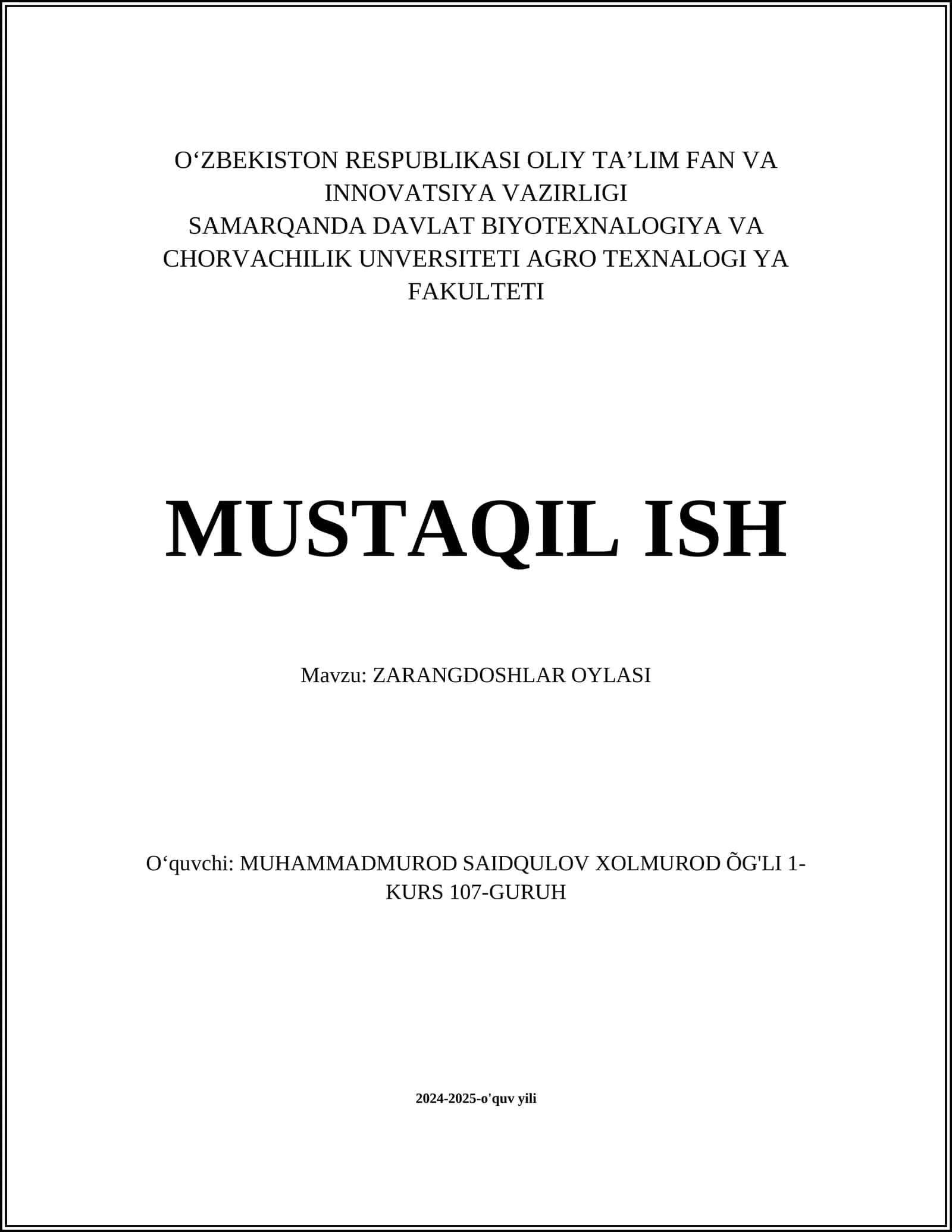 ZARANGDOSHLAR OYLASI