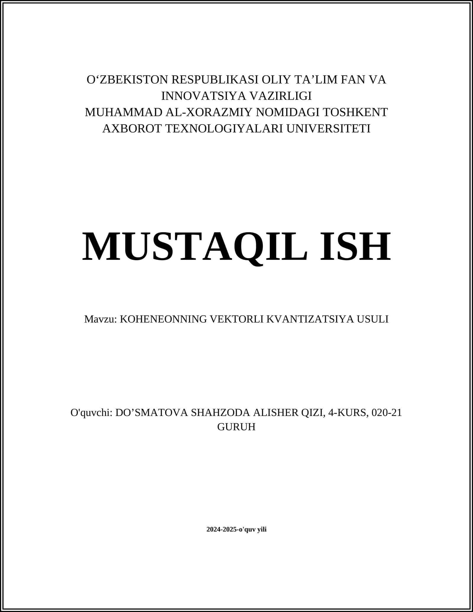KOHENEONNING VEKTORLI KVANTIZATSIYA USULI