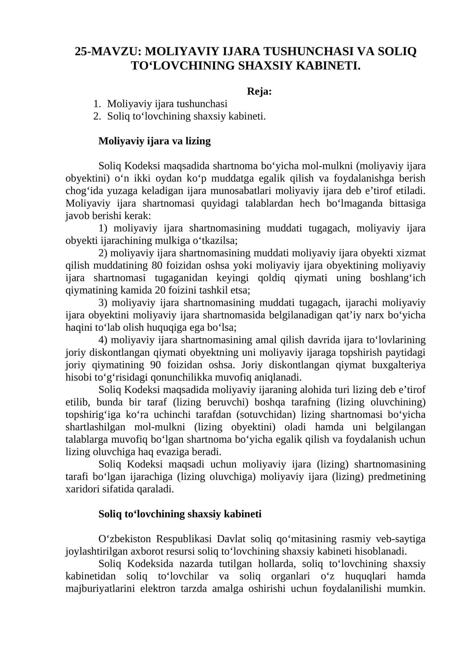 Moliyaviy Ijara Tushunchasi va Soliq To'lovinchining Shaxsiy Kabineti