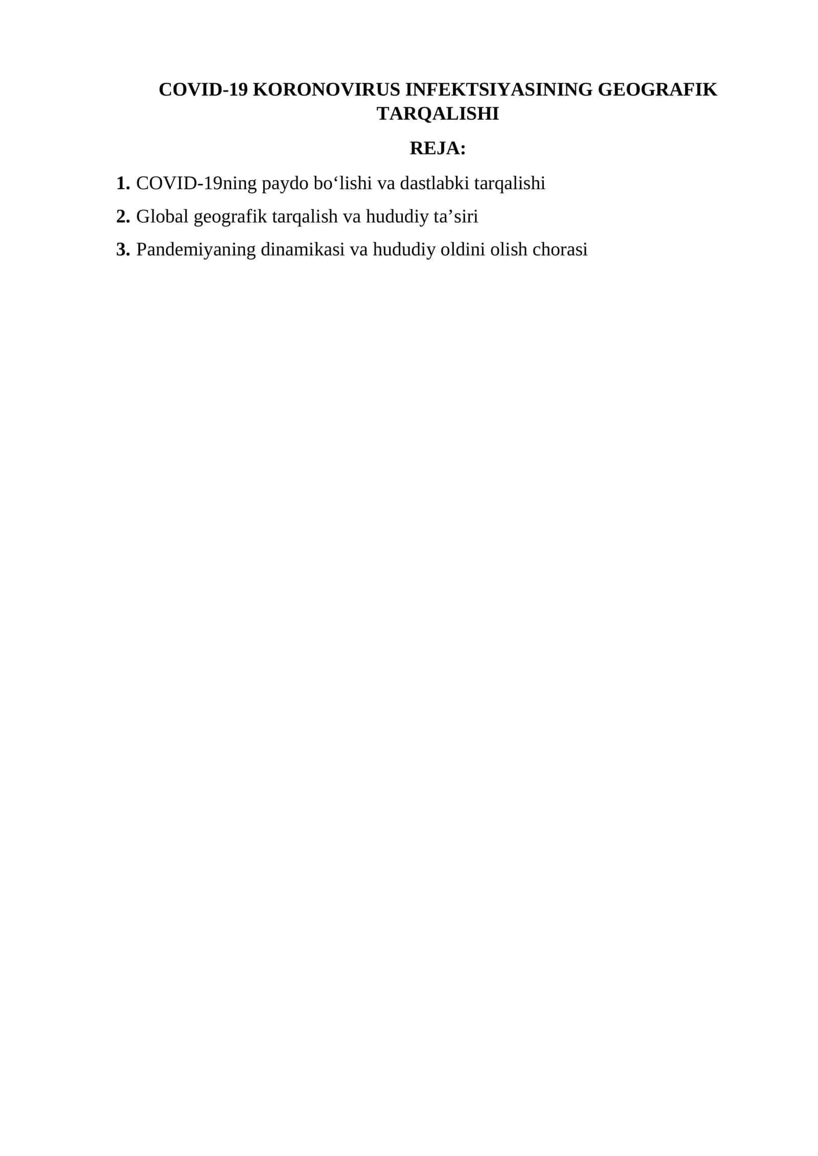 COVID-19 KORONOVIRUS INFEKTSIYASINING GEOGRAFIK TARQALISHI