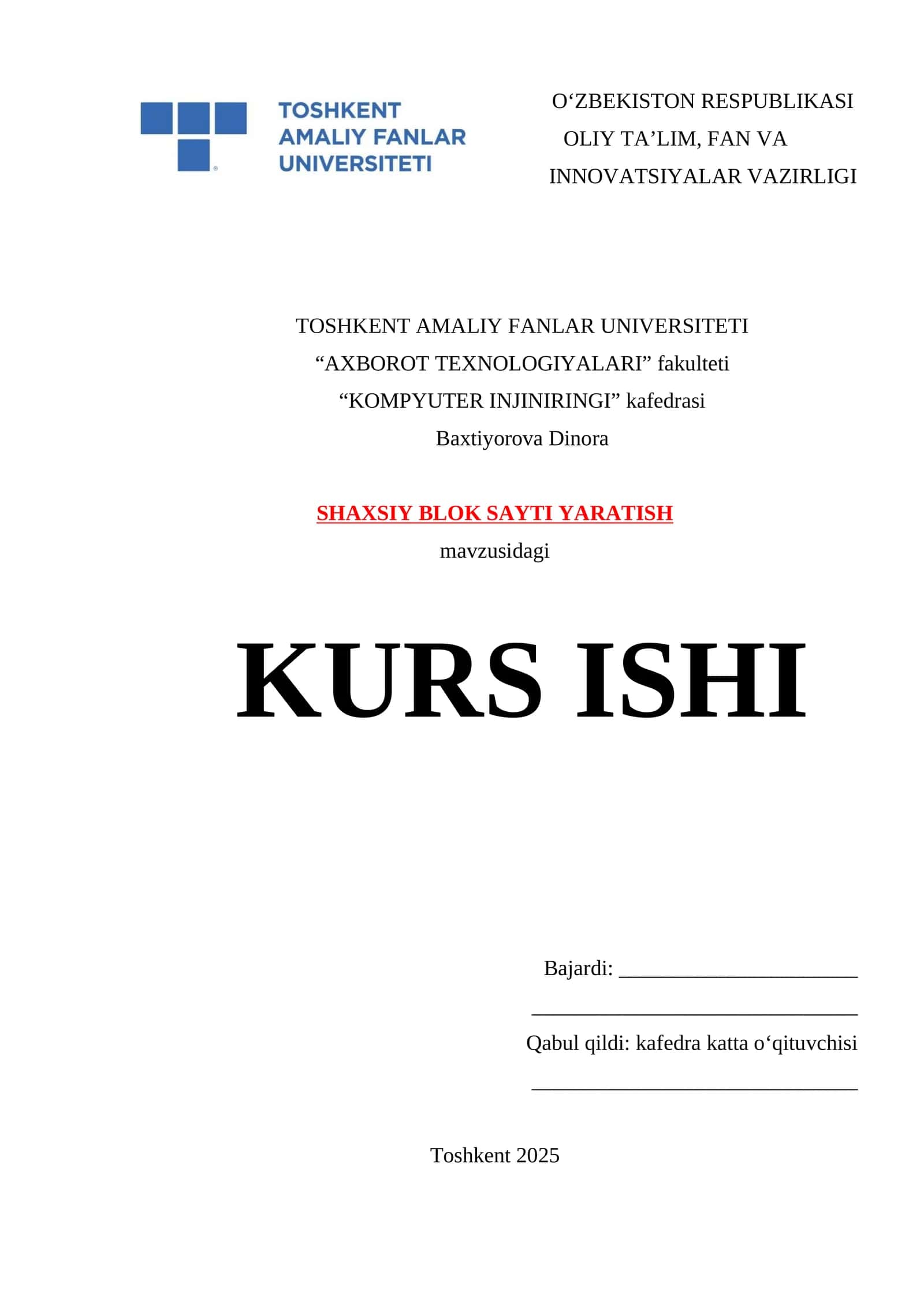 SHAXSIY BLOK SAYTI YARATISH KURS ISHI