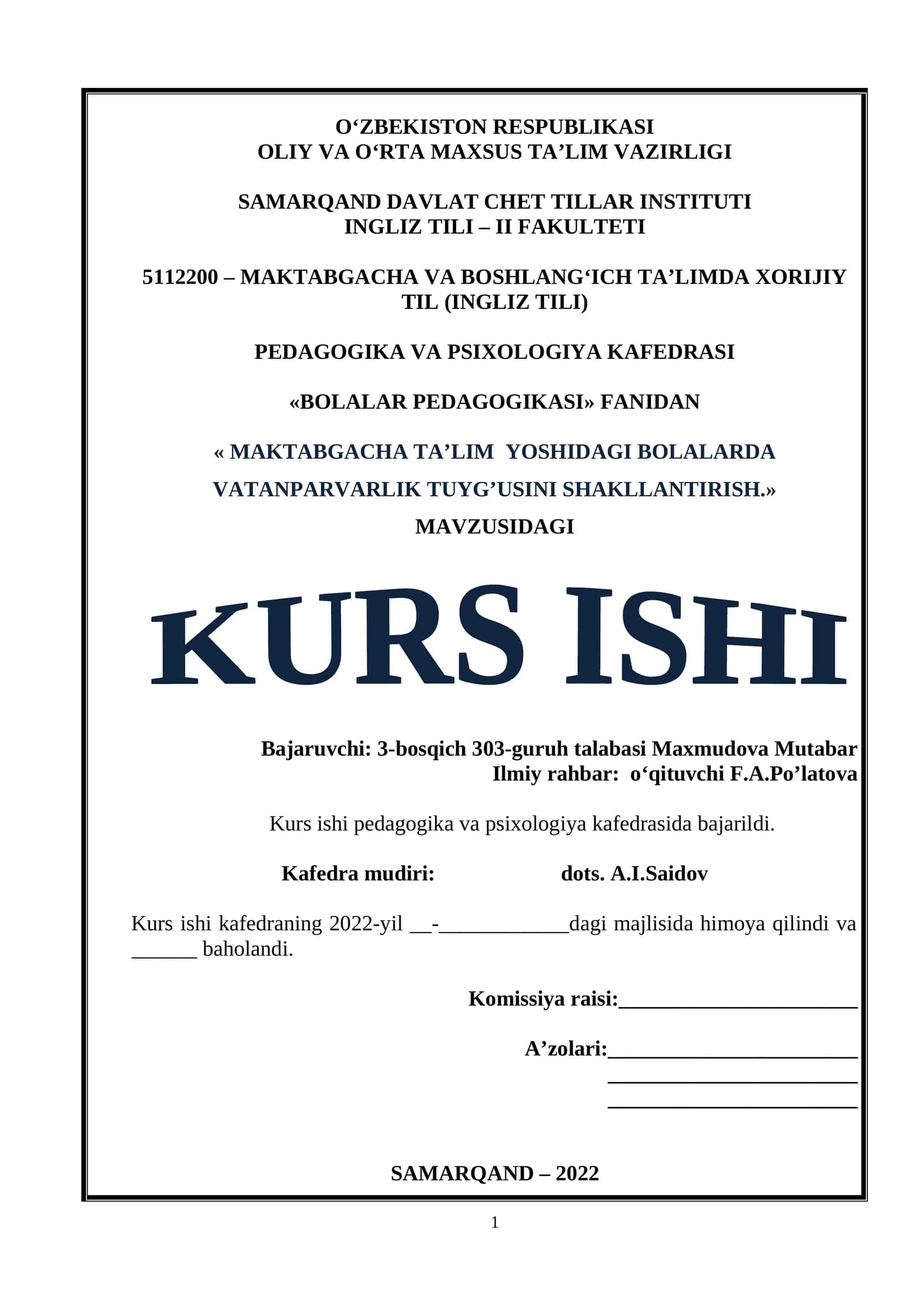 MAKTABGACHA TA’LIM YOSHIDAGI BOLALARDA VATANPARVARLIK TUYG’USINI SHAKLLANTIRISH