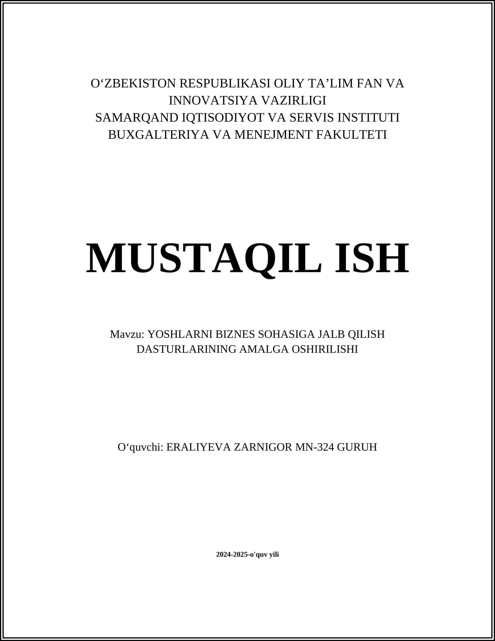 YOSHLARNI BIZNES SOHASIGA JALB QILISH DASTURLARINING AMALGA OSHIRILISHI