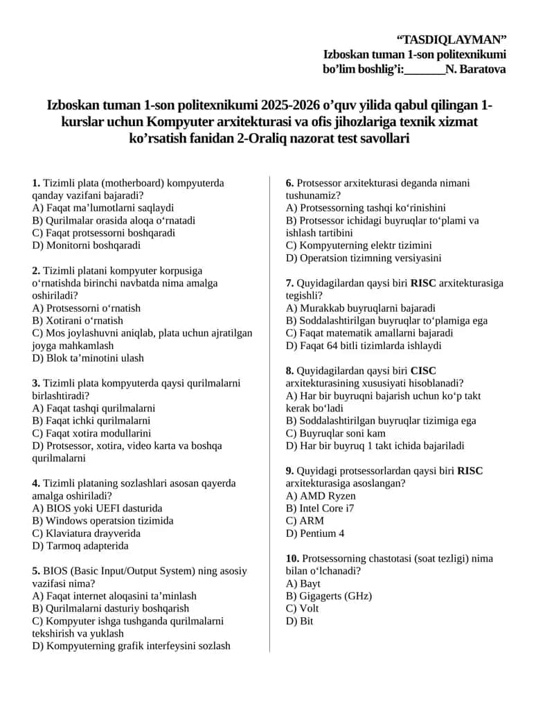 Kompyuter arxitekturasi 2-oraliq nazorat