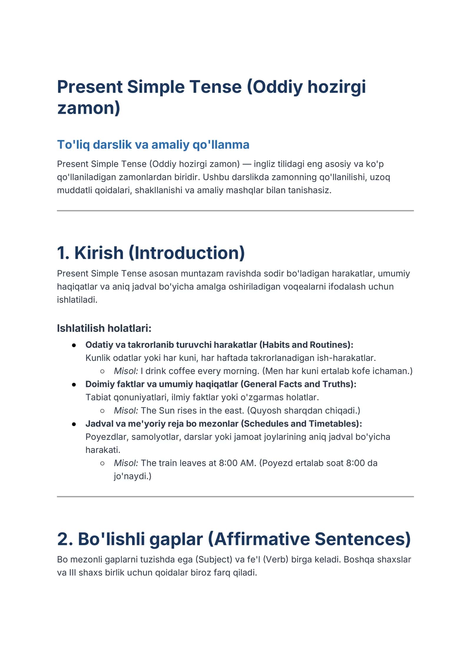 Ingliz tili: Present Simple Tense to'liq darsligi va mashqlar to'plami