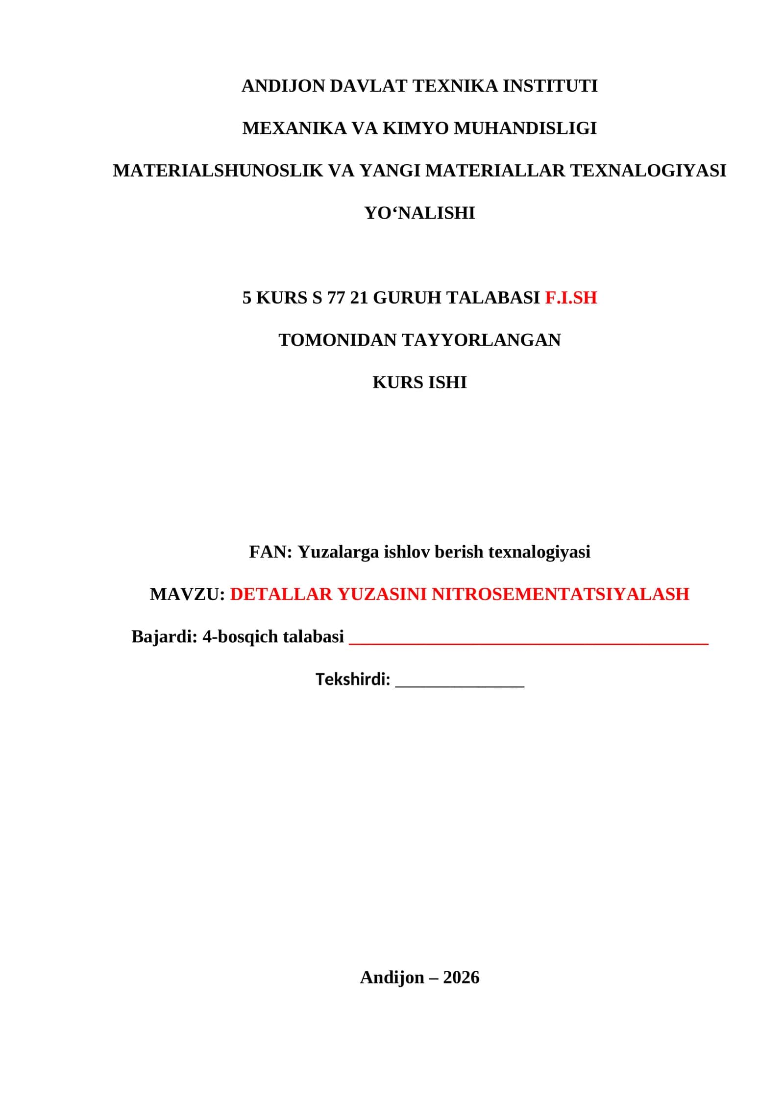 DETALLAR YUZASINI NITROSEMENTATSIYALASH